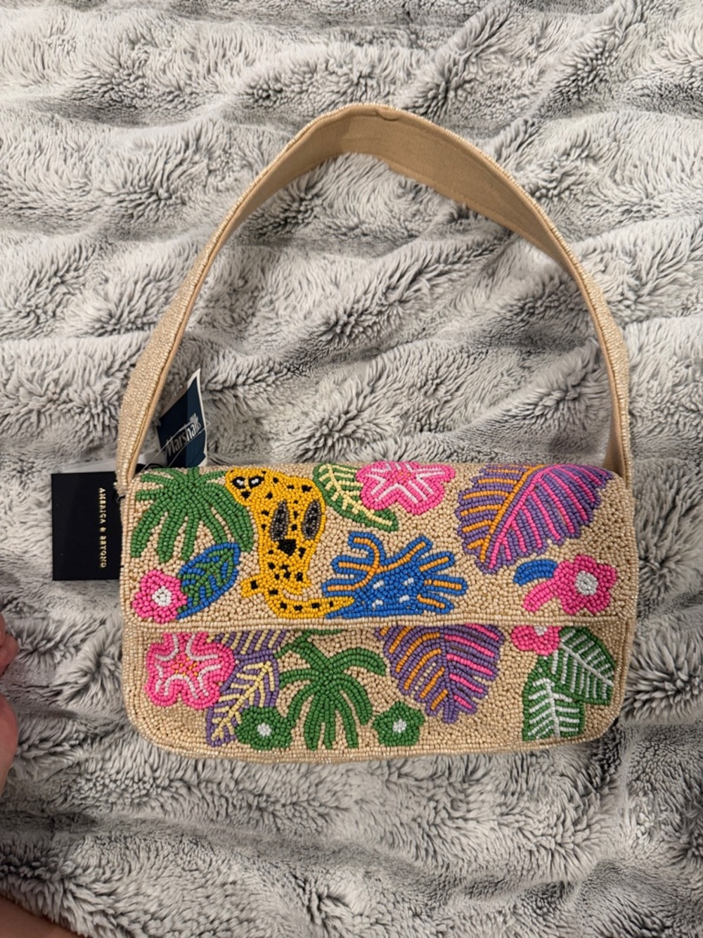 Beaded Jungle Print Shoulder Bag viral TikTok  - Beige